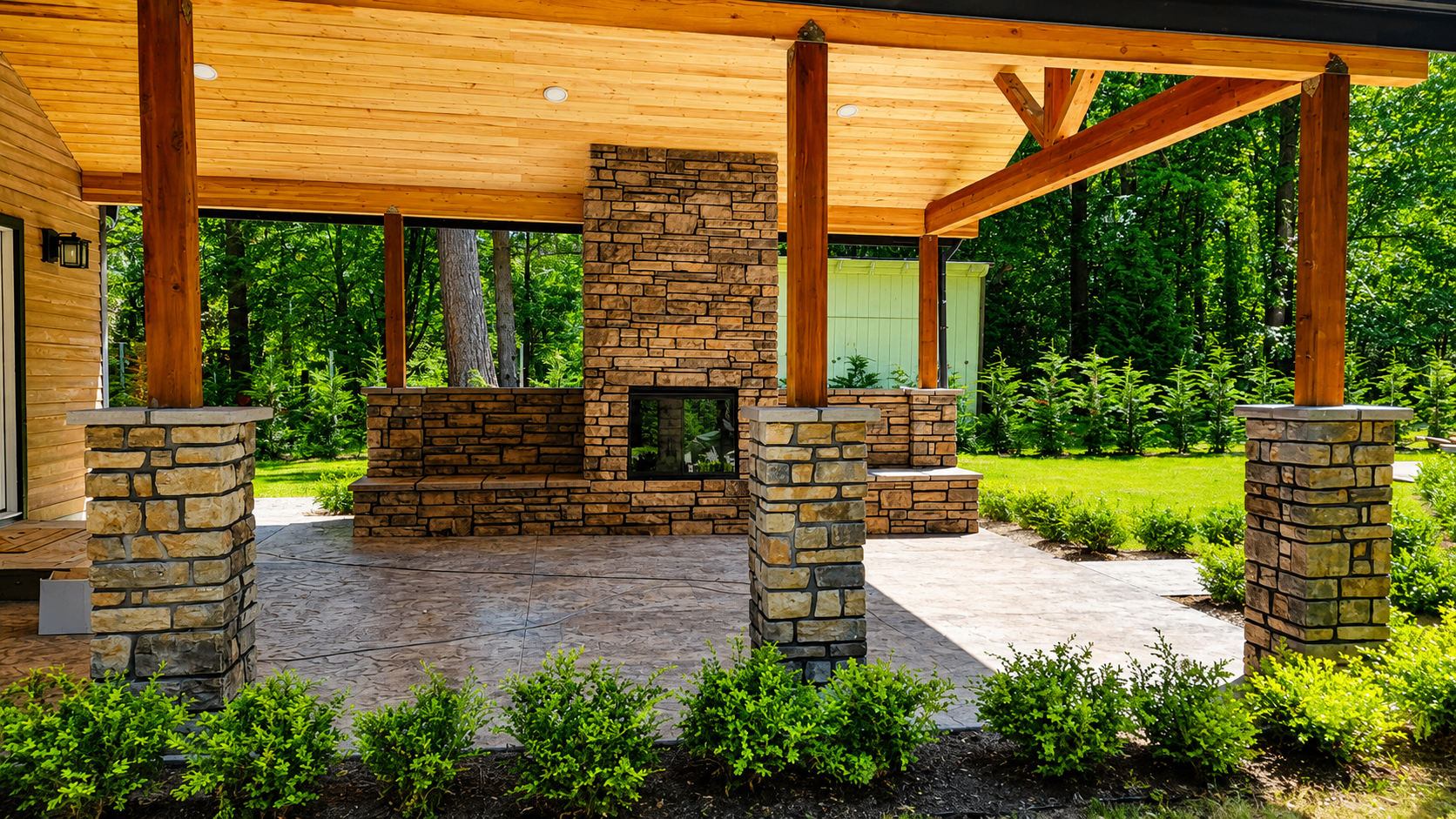 Covered outdoor patio with timber ceiling, stone columns, and custom stone fireplace by NV Construction